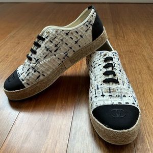 CHANEL Tweed Espadrille Lace Up Sneakers